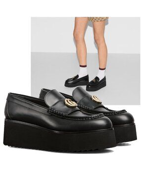 GUCCI SHOES DOUBLE G BLACK LEATHER PLATFORM LOAFERS